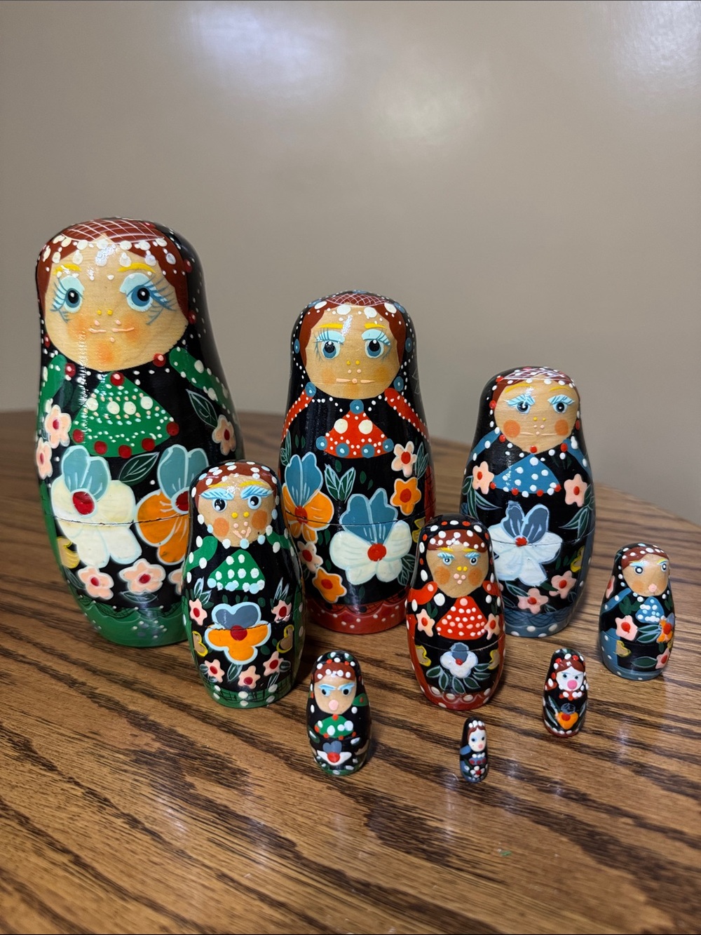 Matryoshka Black Floral Russian Nesting Dolls Set of 9 Green Red Blue Wooden